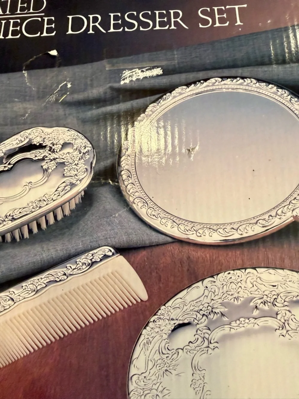VTG 1987 Godinger Silver Plated 3pc Dresser Vanity Set Mirror Brush Comb Box